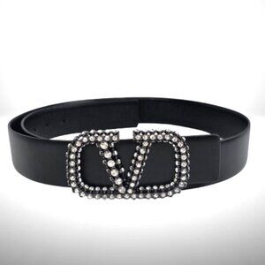 Valentino Garavani Black Leather VLOGO Crystal Belt Size 95/38